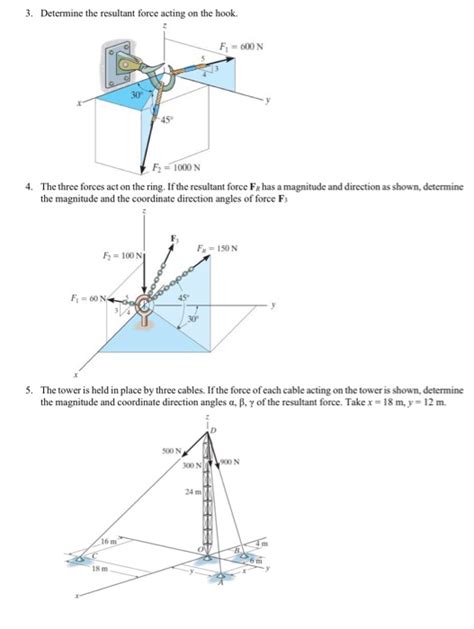 determine the resultant force acting on the hook|Determine the resultant of the three forces acting on a hook as .